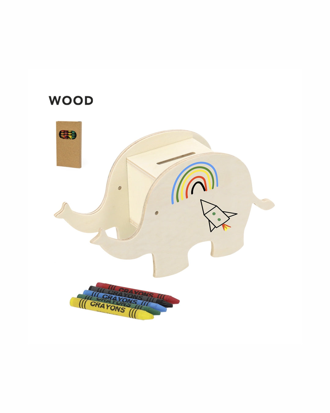 Salvadanaio in legno a forma di animale con 5 cere colorate 05552