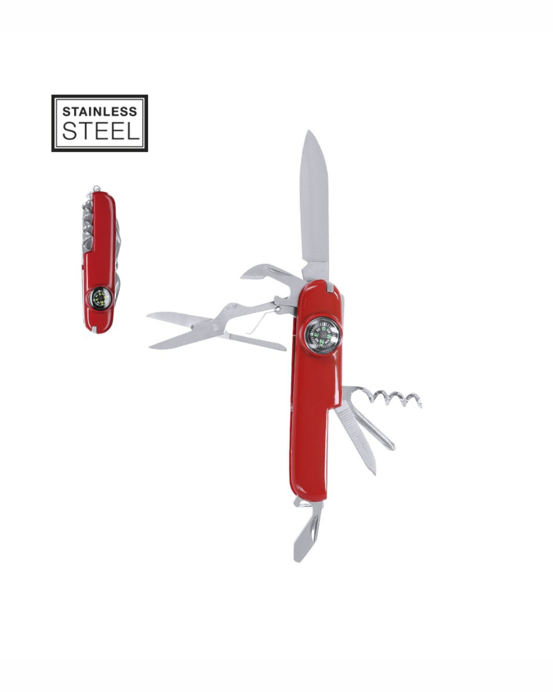 Coltellino multiuso rosso con bussola acciaio inox e ABS 31 21814