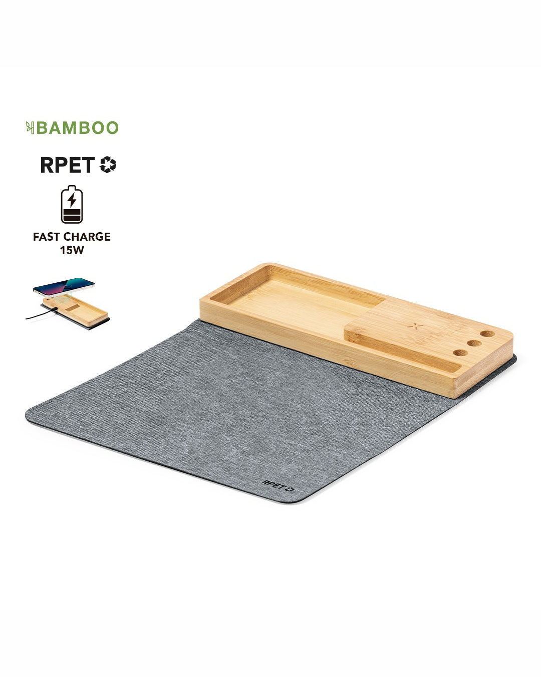 Tappetino mouse pieghevole con caricatore wireless RPET e bambù 31 20247